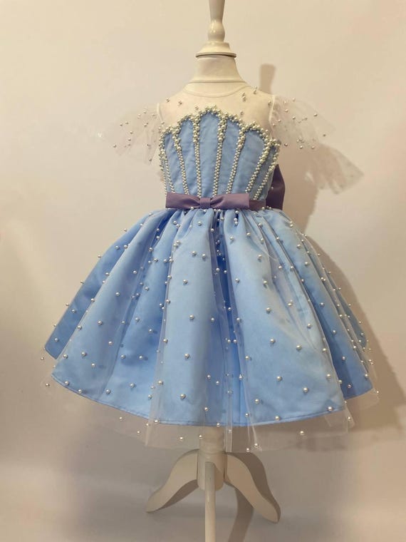 Handmade Princess Party Dress: Blue Pearl Flower Girl Dress Handmade Princess Party Dress: Blue Pearl Flower Girl Dress
