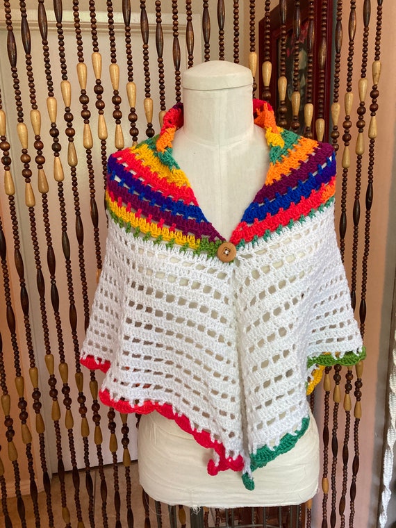 Groovy retro rainbow poncho hand crochet poncho 70