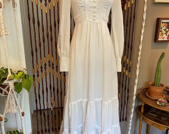70's White Cotton Gauze Prairie Maxi Dress Corset Bodice