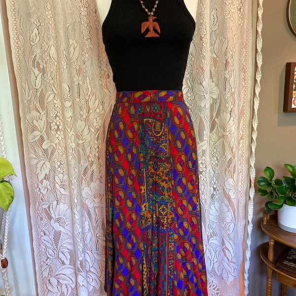 Vintage Karen Kane colorful skirt 80’s eclectic print skirt 80’s paisley print skirt funky vintage skirt 70’s print midi skirt cotton midi