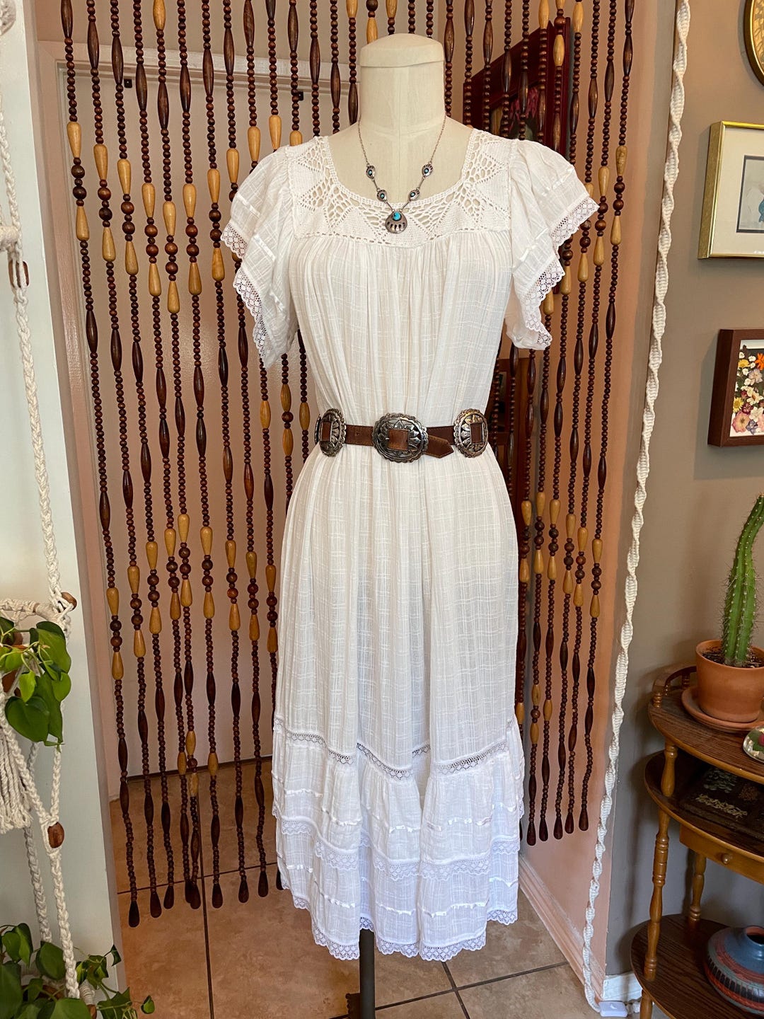 70's White Cotton Gauze Maxi Dress Boho Gauzy Hippie Flower
