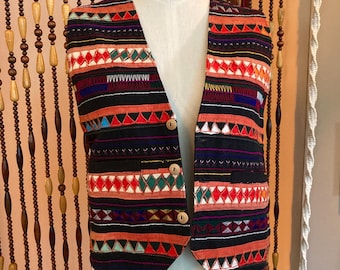 Vintage 70's Indian Vest: Colorful Hand-stitched Cotton, Size 8/10