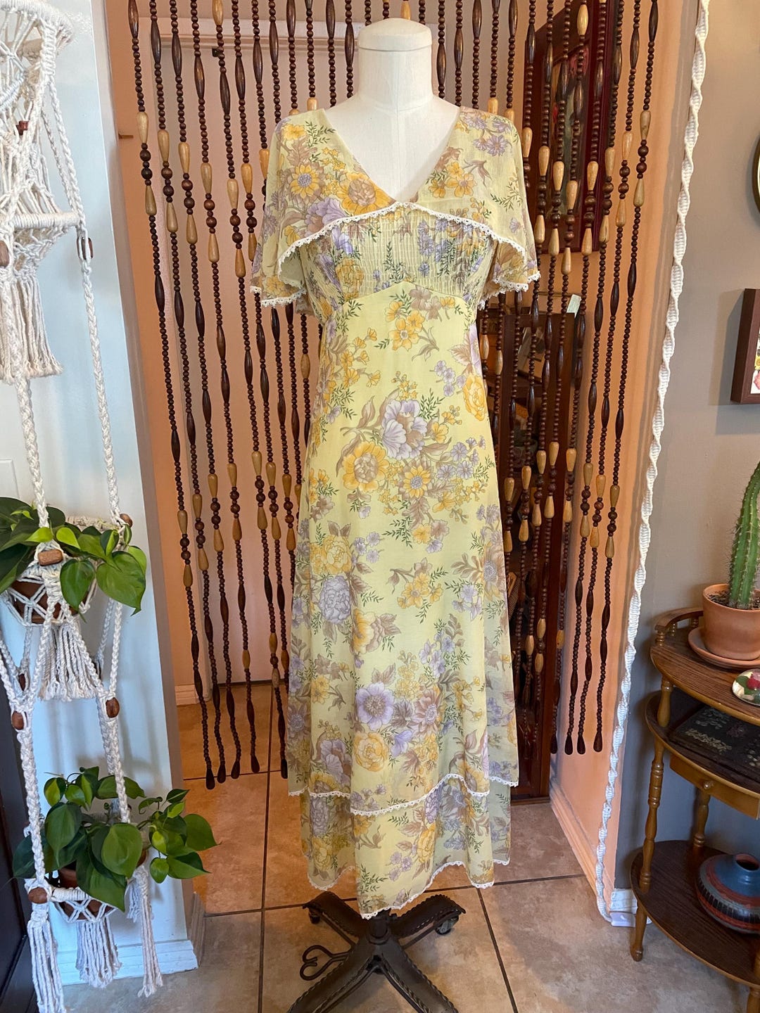 Romantic 70’s Prairie Dress Cape Flutter Sleeves Layered Tiered Skirt ...