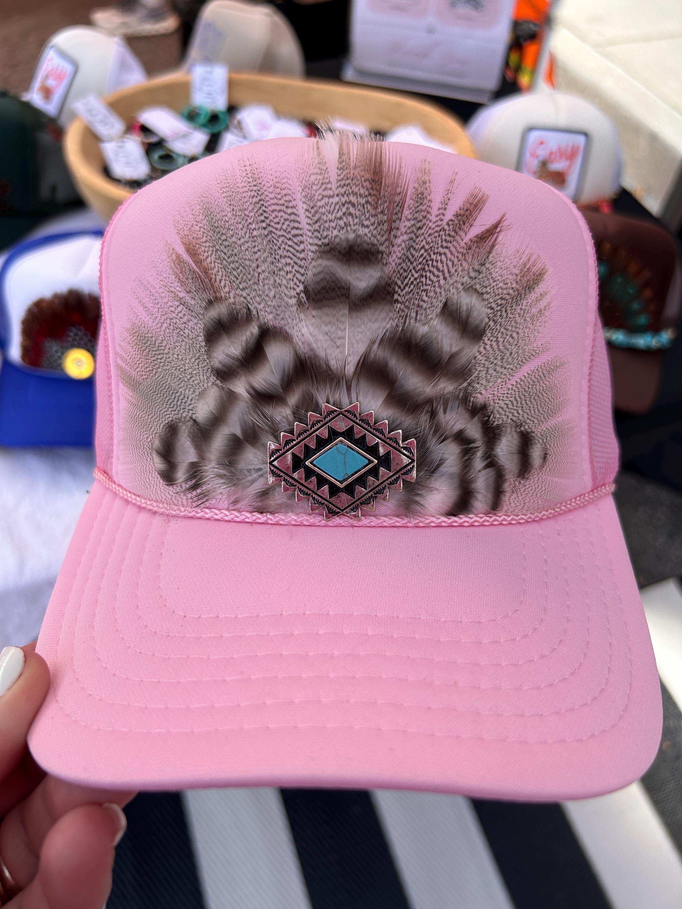 F2 Boho Feather Trucker Hat Feathered Outlaw” - Sky Blue Feather(BLK) – The Rancher Hat Co main image 4