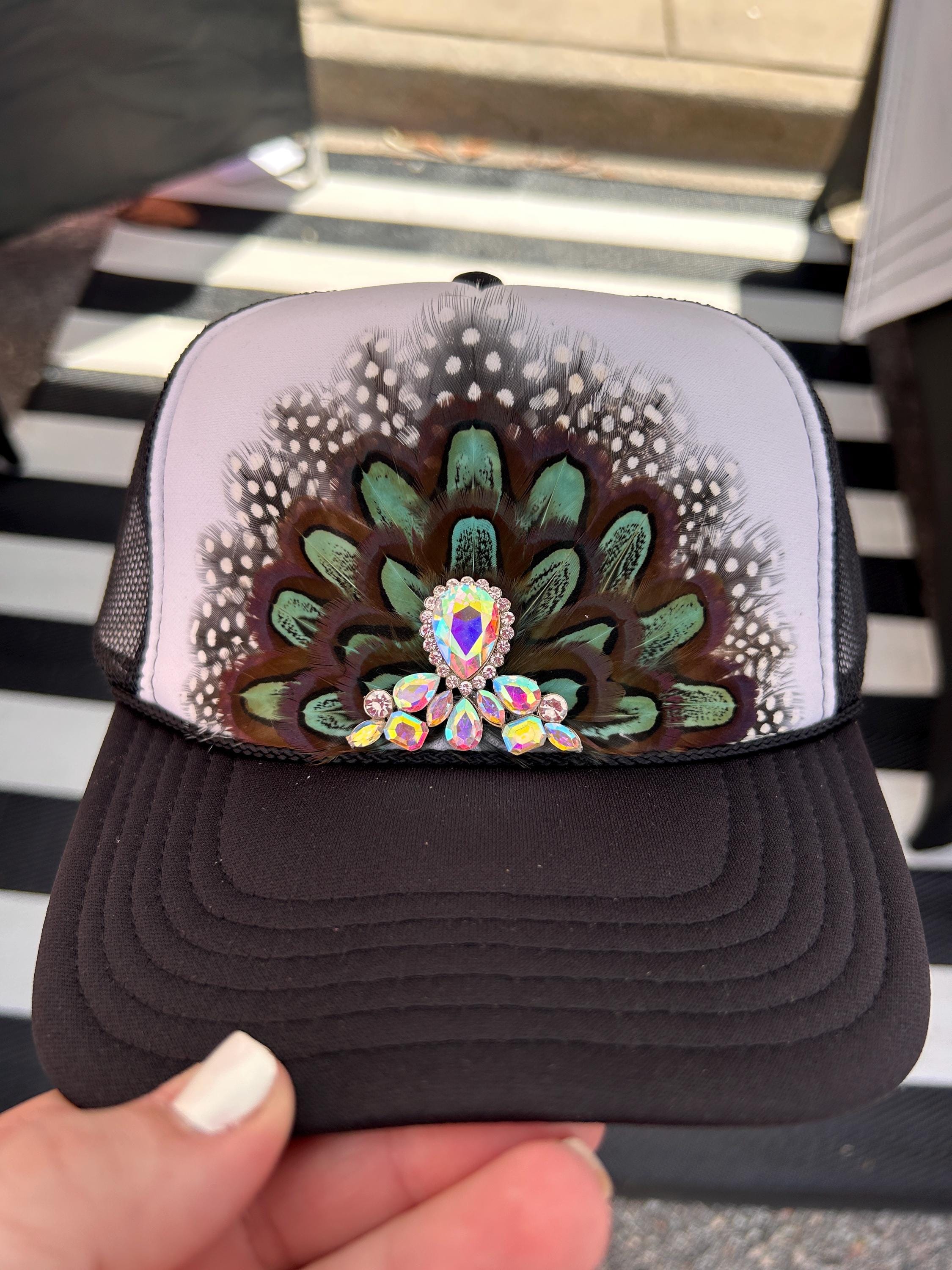 F5 Boho Feather Trucker Hat Feather Trucker Hat with Turquoise bead, Woman main image 2