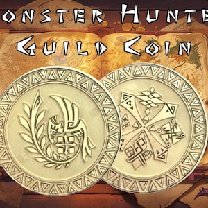 Puede incluir: Dos monedas plateadas de Monster Hunter Guild. Una moneda presenta un diseño estilizado de pájaro y planta, la otra un patrón geométrico. Las monedas tienen un borde decorativo y el texto "Monster Hunter Guild Coin" está en la parte superior.