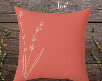 Simple Floral Square Pillow, Coral and Black Colors, Minimalistic Double-Sided Design, Color Pop Accent Throw Pillow, Lovely Home Decor Gift