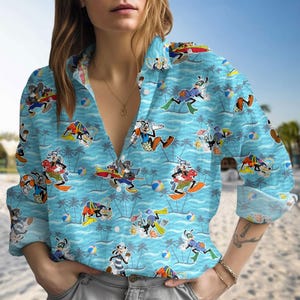 Funny Goofy Linen-Look Shirt, Disney Dog Blouse Women Shirt, Cartoon Movie Casual Shirt, Magic Kingdom Shirt, Blouses Tops Women
