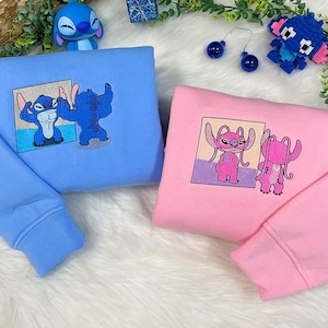 Stitch And Angel Embroidered Couple Sweatshirt, Disney Embroidered Hoodie, Cartoon Matching Hoodie, Gift For Couple