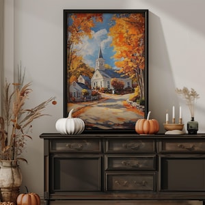 Fall decor art print festive wall art fine art print fall decor for home Salem street in Autumn festive greenery painting gift for home