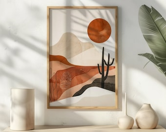 May include: A framed print of a desert landscape with a large orange sun, a cactus, and brown and beige hills. The print has a minimalist style and is perfect for a modern home.
