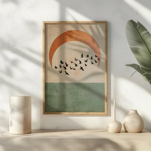 Arte de pared neutral, pájaros voladores, impresión de arte, decoración de pared verde esmeralda, arte de pared japonés, arte abstracto del sol, impresión de pájaros, decoración de sala de estar, regalo