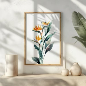 Dipinto moderno di fiori Uccelli del paradiso Arte murale Decorazione murale floreale Arte floreale Decorazione tropicale per la casa Uccelli del paradiso Stampa artistica Decorazione moderna