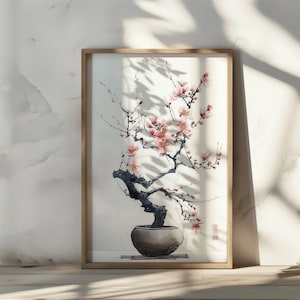 桜の盆栽水彩画アートプリント ジャパンディ ウォールアート 日本のミニマリスト 禅風装飾 桜 植物 ホームデコレーション