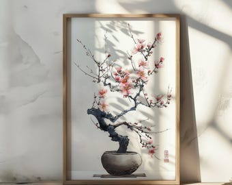 Lámina artística en acuarela de bonsái de flor de cerezo, arte de pared japonés minimalista zen, decoración botánica Sakura para el hogar.