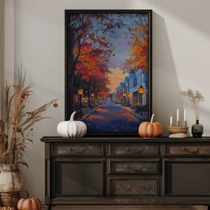 Fall decor art print festive wall art fine art print fall decor for home Salem street in Autumn festive greenery painting gift for home