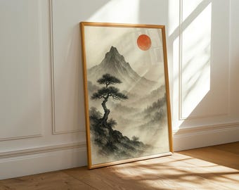 Japanse inkt landschap print rode zon muur kunst Japandi bergboom schilderij minimalistisch natuur decor zenkunst voor woonkamer