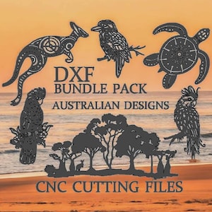 May include: Silhouette designs of Australian animals, including a kangaroo, kookaburra, turtle, and cockatoo, are featured against a sunset beach backdrop. The text "DXF BUNDLE PACK AUSTRALIAN DESIGNS CNC CUTTING FILES" is displayed.