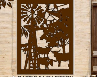 May include: A brown silhouette design of a windmill, farm buildings, trees, and cattle. The design is labeled "DXF CNC Cutting File" and "Cattle Farm Design".