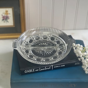 Vintage Indiana Clear Glass Button and Cane Windsor Round Divided Relish Dish