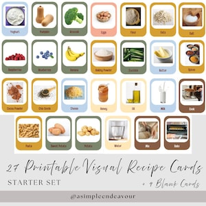 Cartes de recettes visuelles pour enfants | illustrées de cuisine pour tout-petits |  Flashcards imprimables d'ingrédients | Activité de cuisine pour enfants inspirée de Montessori