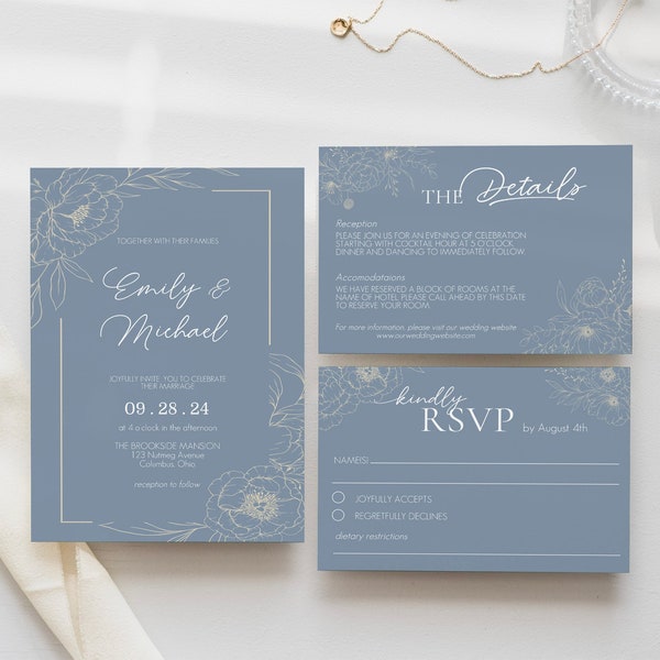 Dusty Blue Gold Floral Wedding Invitation Template Suite, Editable Printable Wedding Invitation, Blue and Gold bundle, WM3