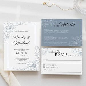 Dusty Blue Floral Wedding Invitation Template, Classic Editable Printable Wedding Invitation, Elegant Wedding Suite, WM3