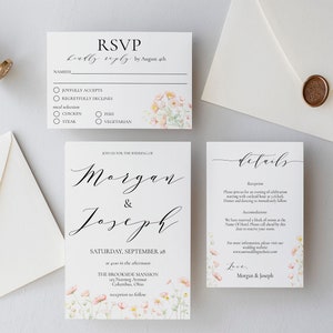 Floral Wedding Invitation Suite Template, Editable Printable Invitation Set, Pink White Cream Flowers, Spring Summer Wildflowers, Boho, CI1