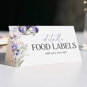 Etichette alimentari floreali, biglietti da visita modificabili per alimenti, segnaposto pieghevoli floreali viola stampabili, festa nuziale con giardino di lillà e iris viola, IF1
