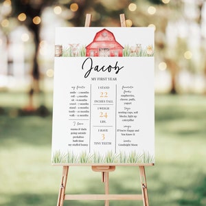 Farm Milestone Primo Compleanno Poster MODIFICABILE, 18x24, Download Istantaneo, Animali da Cortile, Red Barn Milestone Board, FB1