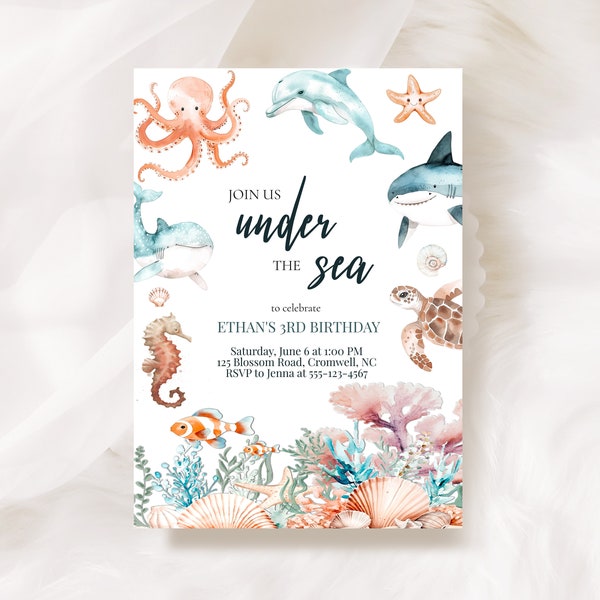 Under The Sea Birthday Invitation EDITABLE Template, Nautical Birthday, Kid's Birthday, Fish, Shark, Dolphin US1