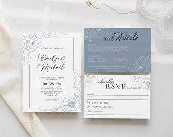 Dusty Blue Floral Wedding Invitation Template, Classic Editable Printable Wedding Invitation, Elegant Wedding Suite, WM3