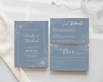 Dusty Blue Gold Floral Wedding Invitation Template Suite, Editable Printable Wedding Invitation, Blue and Gold bundle, WM3