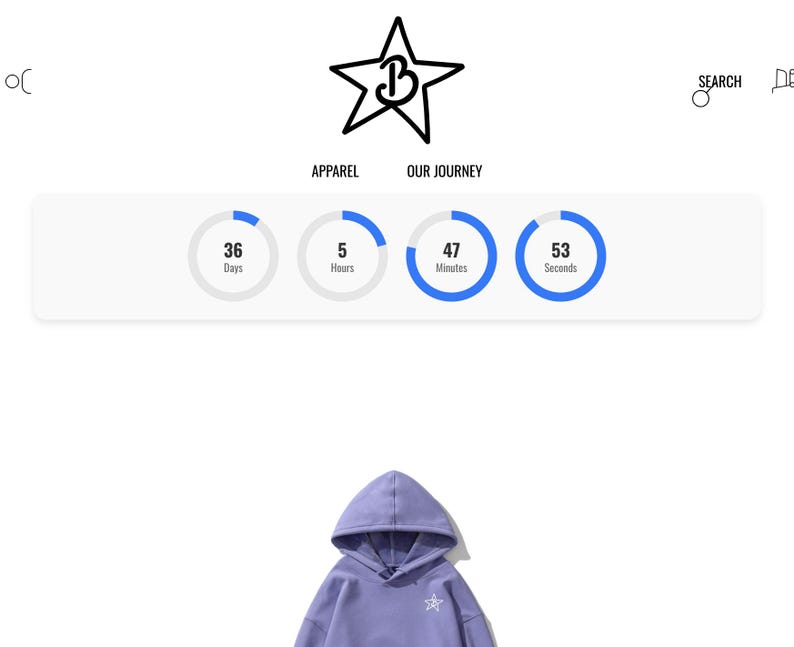 May include: A purple hoodie with a white star logo. The hoodie is shown against a white background. The image also includes a website header with the text "Apparel" and "Our Journey". There are four progress circles showing 36 days, 5 hours, 47 minutes, and 53 seconds.