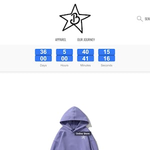 May include: A purple hooded sweatshirt with a star logo and the text "Online Store" on the front. A countdown timer shows 36 days, 5 hours, 40 minutes, and 15 seconds.