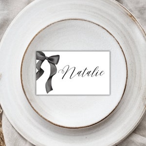 Tarjetas de lugar con lazo negro, lazo negro, cumpleaños, etiquetas con nombre, plantillas digitales editables