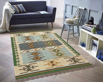 Wool Jute Geometric Design Green Hand Woven Rug Flatweave Carpet Indoor Outdoor Rugs for Bedroom Dining Room Living Room
