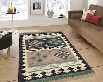 Area Rug Geometric Design Black Multicolor Hand Woven Rug Thick 0.19" Flatweave Carpet Indoor Outdoor Rugs for Living Room Dining Room