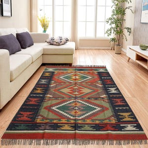 Handwoven Wool Jute Kilim Rug | Boho Entryway Runner | Modern Geometric Area Rug | Farmhouse Hallway Decor | Eco-Friendly Floor Mat