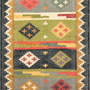 Area Rug Reversible Kilim Rug Black Multicolor Wool & Jute Hand Woven Rug Indoor Outdoor Use Flatweave Rug Area Rug Dining Room Living Room