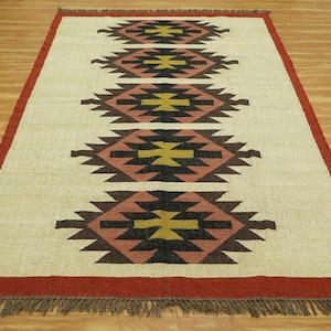 Wollteppich aus Jute 150x200 - Beigefarbener Multi-Wollteppich Juteteppich Handgewebter Flachgewebeteppich für Kinderzimmer, Esszimmer, Wohnzimmer