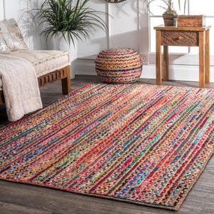 Braided Jute Rug | Hand Braided Bohemian Cotton Chindi Area , Multi Color Rectangle Rag Rug for Unique Home Decor