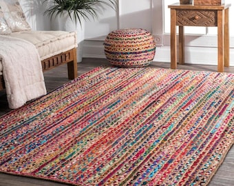 Braided Jute Rug | Hand Braided Bohemian Cotton Chindi Area , Multi Color Rectangle Rag Rug for Unique Home Decor