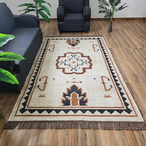 Handwoven Wool Jute Kilim Rug | Boho Entryway Runner | Modern Geometric Area Rug | Farmhouse Hallway Decor | Eco-Friendly Floor Mat