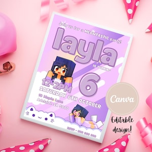 Aphmau Party Invitation Aphmau Party Invite Girl Gamer Birthday Aphmau Meow Cat Invitation Aphmau Editable Printable PDF 5x7in Digital