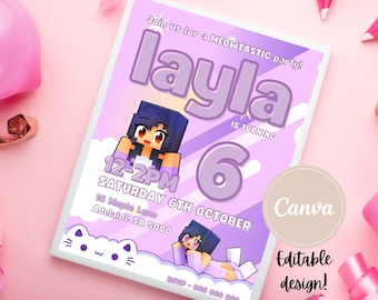 Aphmau Party Invitation Aphmau Party Invite Girl Gamer Birthday Aphmau Meow Cat Invitation Aphmau Editable Printable PDF 5x7in Digital
