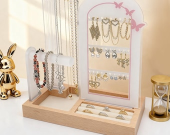 Butterfly Arch Jewelry Organizer: Acrylic Display Stand with Beech Wood Base