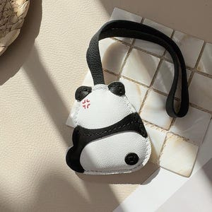 Angry Panda leather bag charm, Cute Panda Hug Leather Purse Charm, Panda Keychain, Handmade Leather Gift