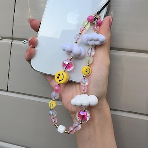 Adorable happy face wrist phone charm,Colorful macaron cloud wrist phone lanyard,Playful phone charm,Candy bead phone strap,bag/camera charm
