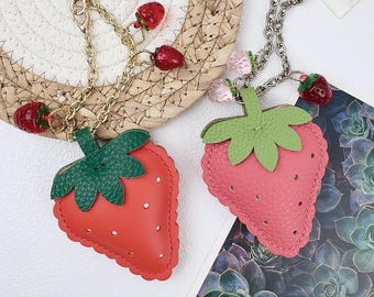 Genuine Leather Strawberry Bag Charm, Handmade Leather Cute Strawberry bag charm, Pink and Red Strawberry Handbag pendant, Unique Gift